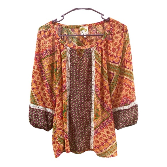 fig and flower Tops - Fig & Flower Paisley Floral Print Boho Blouse Women’s Size M Peasant Sleeve